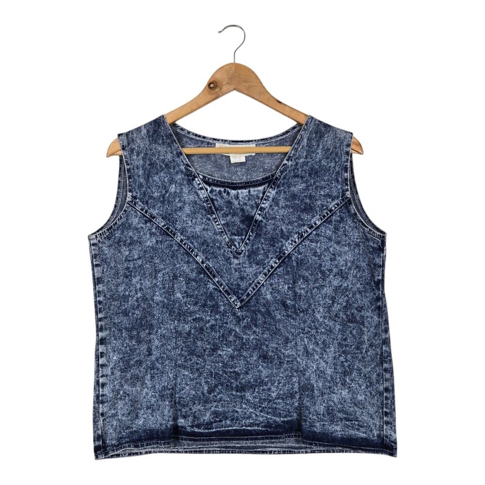 Vintage 80s Monique Fashions Acid Wash Top L Blue Tank Minimalist Art Teacher